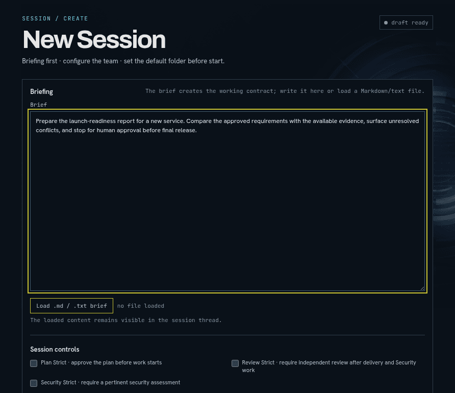 Tandem Console new session screen with a briefing field and strict session controls